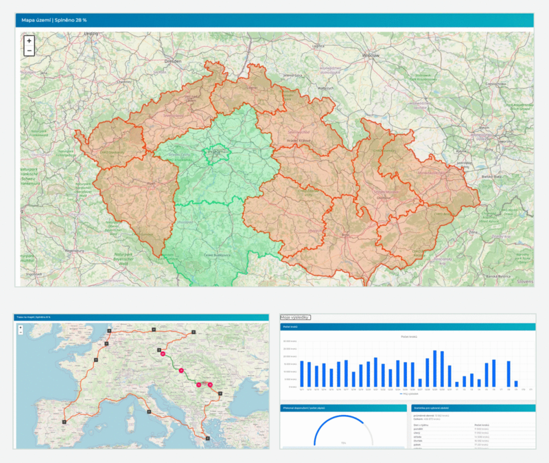 Ukázky map, virtuální trasy a výsledkového přehledu portálu Gamifiter